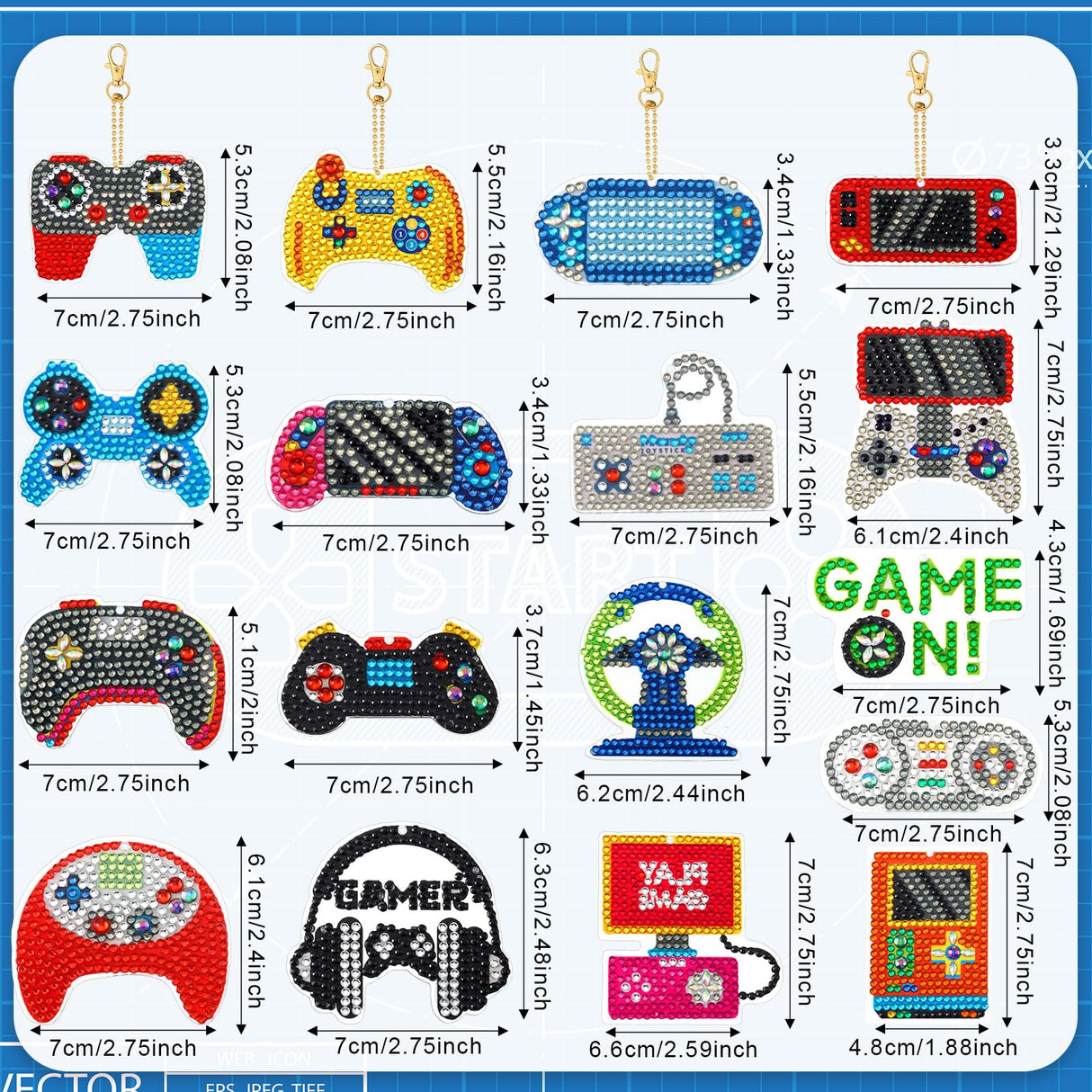 Yaomiao 17 Pcs Video Game Double Side Diamond Art Keychains Diamond Painting Keychains DIY Gem 5d Painting Arts and Crafts for Birthday Beginners Crafting Home Party Decor Yaomiao