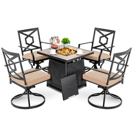 NUU GARDEN 5-Piece Patio Furniture Set with Fire Pit Table, 28'' 50,000 BTU Propane Gas Cabinet Fire Pit Table with Cover and 4 Dining Swivel Chairs with Padded Cushions, Black and Beige NUU GARDEN
