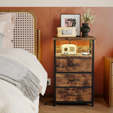 Fixwal Night Stand with Charging Station, LED Nightstand with Fabric Drawers, End Table with PU Finish, Bed Side Table, Rustic Brown Fixwal