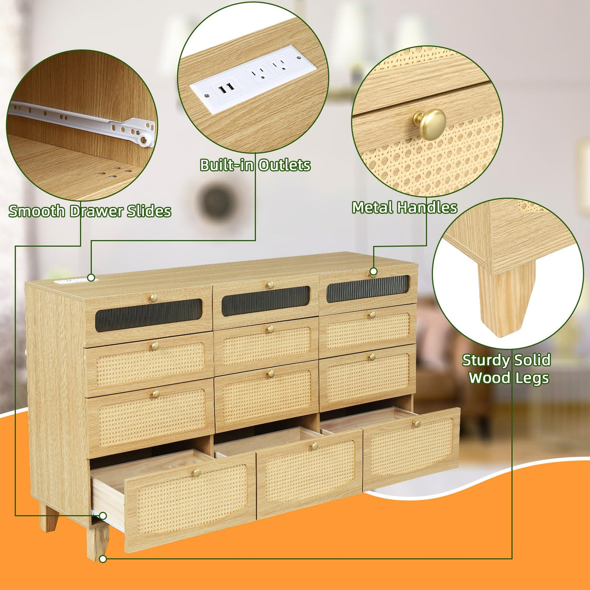 Yeyawomy 12 Drawer Dresser for Bedroom, 63" Wide Rattan Dresser with LED Light and Charging Station, Modern Wooden Long Storage Dressers Organizer with Metal Handle for Entryway and Bedroom Yeyawomy