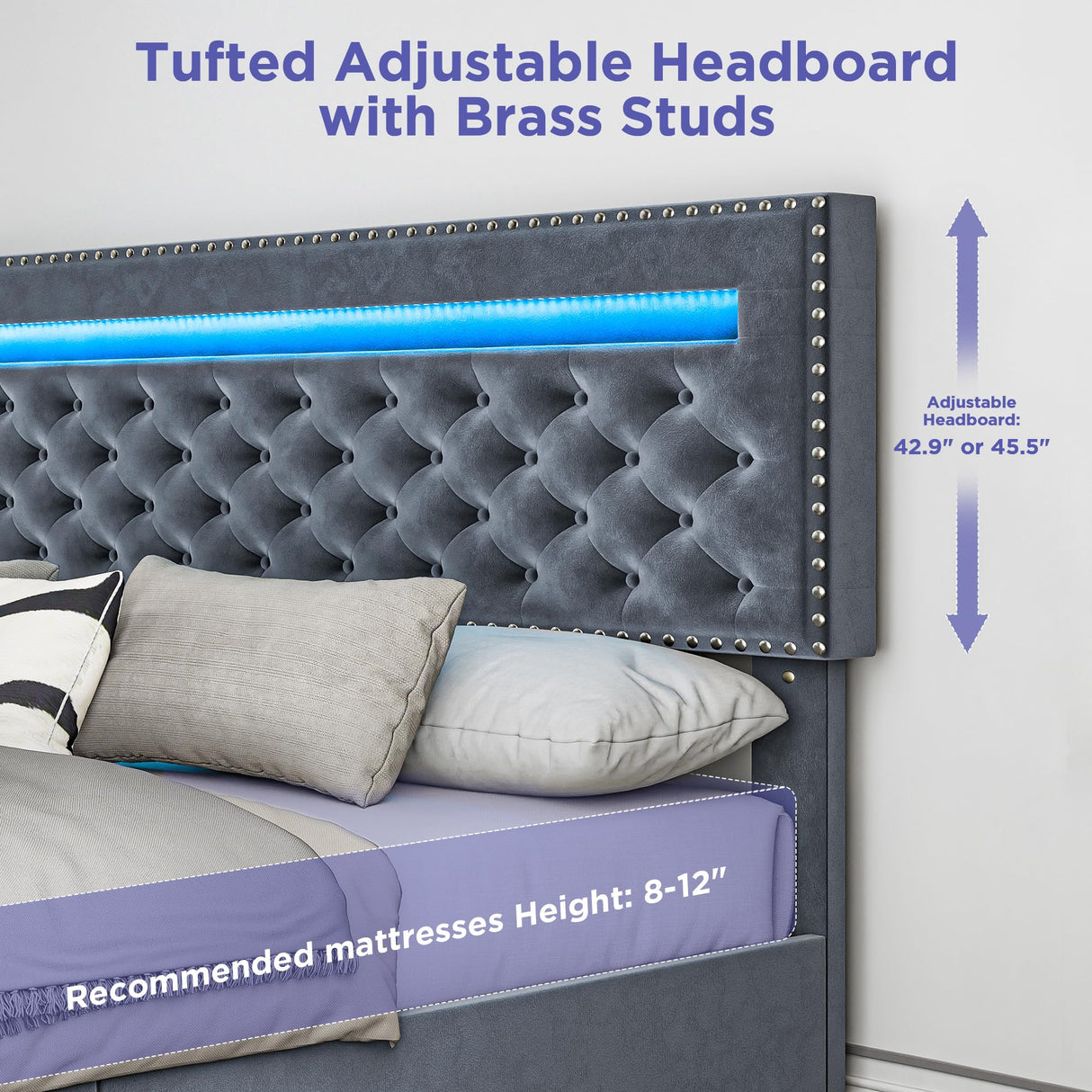 BedsPick Queen Size Bed Frame with LED Lights, Velvet Upholstered Platform Queen Bed Frame with 4 Storage Drawers and Adjustable Headboard, No Box Spring Needed Queen Bedframe, Noise Free, Light Grey BedsPick