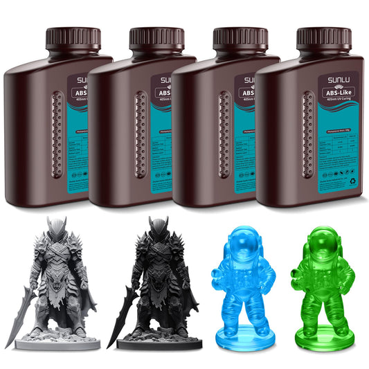 SUNLU ABS Like Resin 2kg Bundle, Strong Fast Curing 3D Printer Photopolymer Resin, 395 to 405nm UV Curing, 2kg in Total, 0.5kg per Bottle, 4 Packs, Dark Grey+Black+Clear Blue+Clear Green