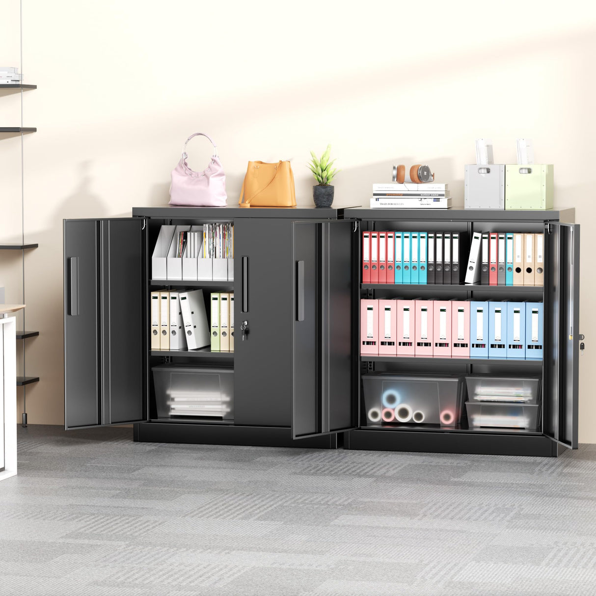 Greenvelly Metal Garage Storage Cabinet,36" Black Lockable Metal Cabinets with 2 Doors and Shelves,Storage Locking Counter Cabinet for Home Office,Garage,Kitchen,School Greenvelly