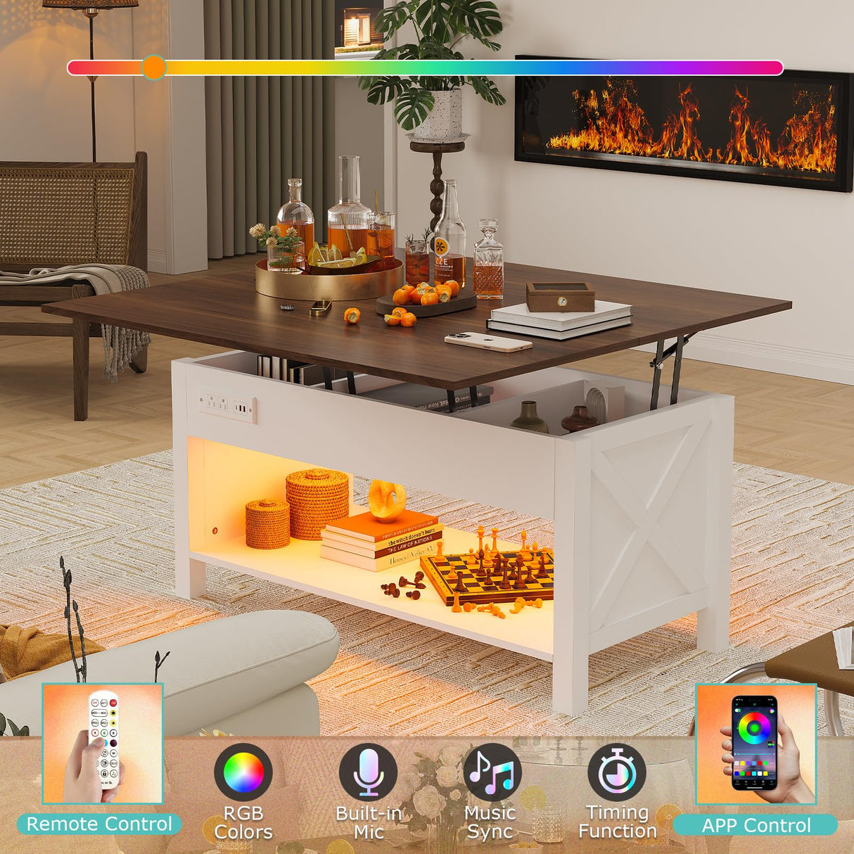 PPorfamilia Lift Top Coffee Table, 4 in 1 Coffee Table with Storage for Living Room, Lift Tabletop Dining Table with Hidden Compartment, Center Table with LED Light & Charge Station for Office, White PPorfamilia