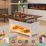 PPorfamilia Lift Top Coffee Table, 4 in 1 Coffee Table with Storage for Living Room, Lift Tabletop Dining Table with Hidden Compartment, Center Table with LED Light & Charge Station for Office, White PPorfamilia