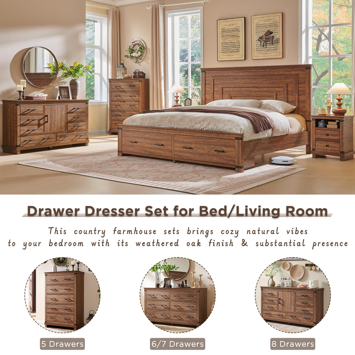 Farmhouse Nightstand with Charging Station, 18" Rustic Night Stand with 2 Storage Drawers, Wood End Table for Bedroom, Living Room, Reclaimed Barnwood RedLemon