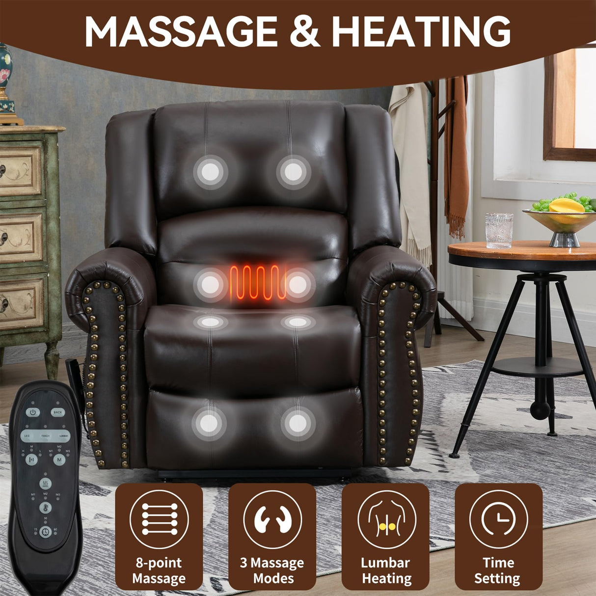 RHHVVR Dual Motor Power Lift Recliner Chair, Lay Flat Recliner Chair with Massage and Heat Remote Control for Adult Elderly, Large Electric Faux Leather Lift Chair, Extended Footrest, Brown RHHVVR
