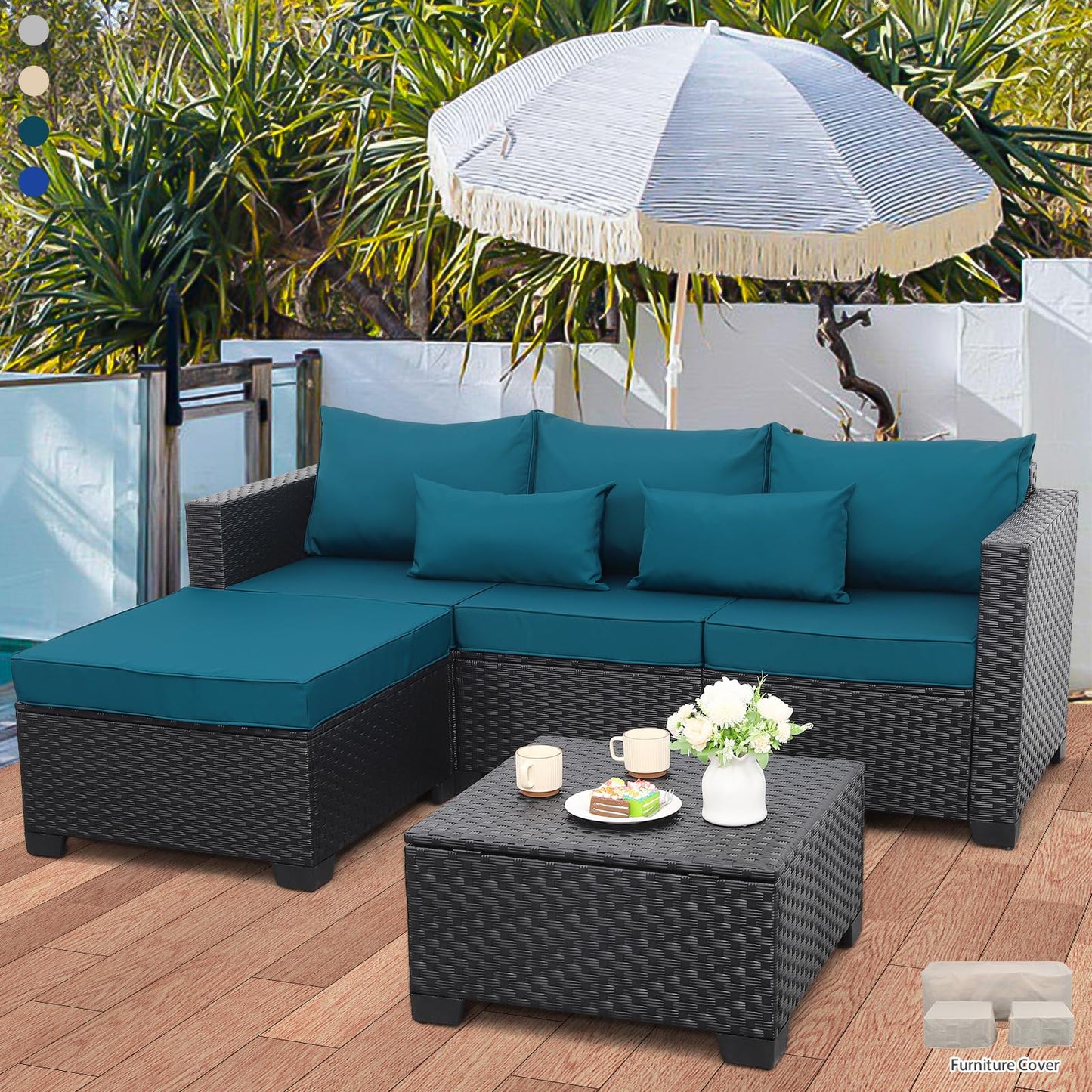 Rattaner Outdoor Furniture Set 3 Pieces Wicker Patio Furniture Outdoor Sectional Patio Couch Outdoor Coffee Table with Storage All-Weather No-slip Cushions Waterproof Covers, Peacock Blue - WoodArtSupply