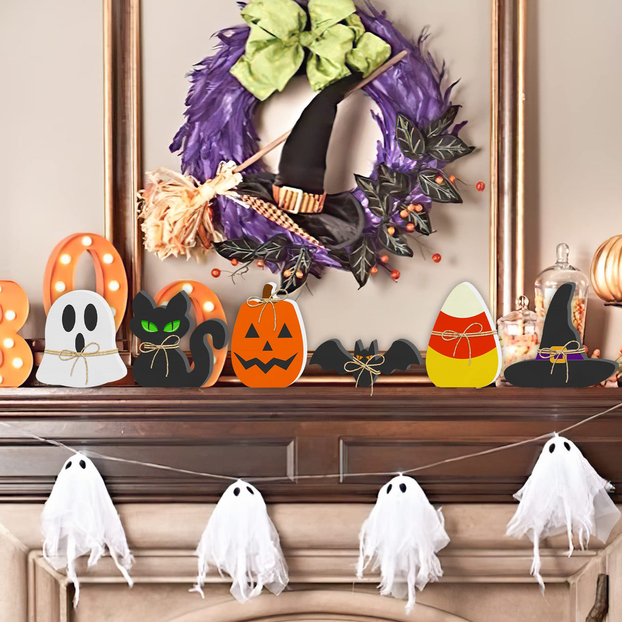 6PCS Halloween Wooden Decor - Halloween Wooden Signs Include Pumpkin Ghost Bat Black Cat Witch Hat Candy Corn Freestanding Table Signs, Halloween Tiered Tray Decor for Rustic Farmhouse Home Mantle Lairyan