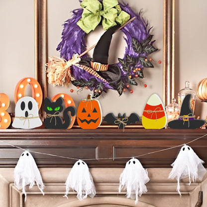 6PCS Halloween Wooden Decor - Halloween Wooden Signs Include Pumpkin Ghost Bat Black Cat Witch Hat Candy Corn Freestanding Table Signs, Halloween Tiered Tray Decor for Rustic Farmhouse Home Mantle