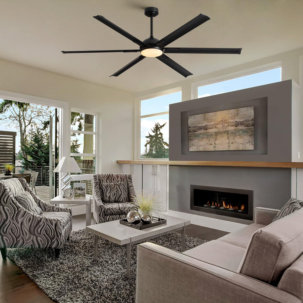 LuminFan 72 Inch Large Ceiling Fan with 6 Aluminum Blades, 6-Speed, 3-CCT, Turbo DC Motor, Remote Black Ceiling Fan for Living Room, Warehouse, Garage - Heavy-Duty Industrial Design LuminFan