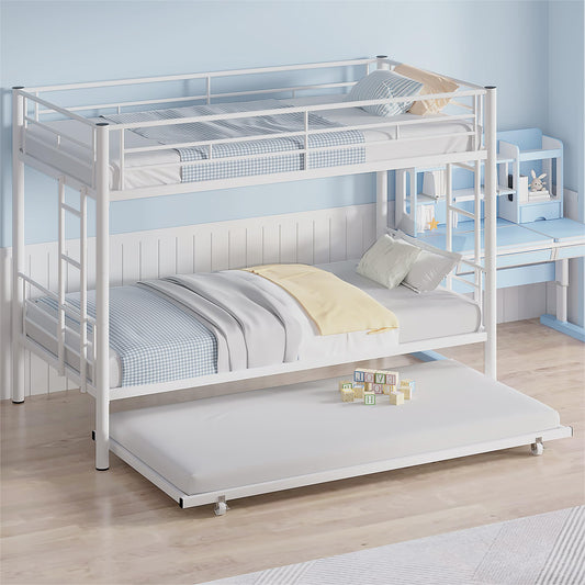 VECELO Bunk Bed Twin Over Twin with Trundle, Metal Bunkbeds with Ladder and Full-Length Guardrail, No Box Spring Needed, Space Saving, Noise Free, White