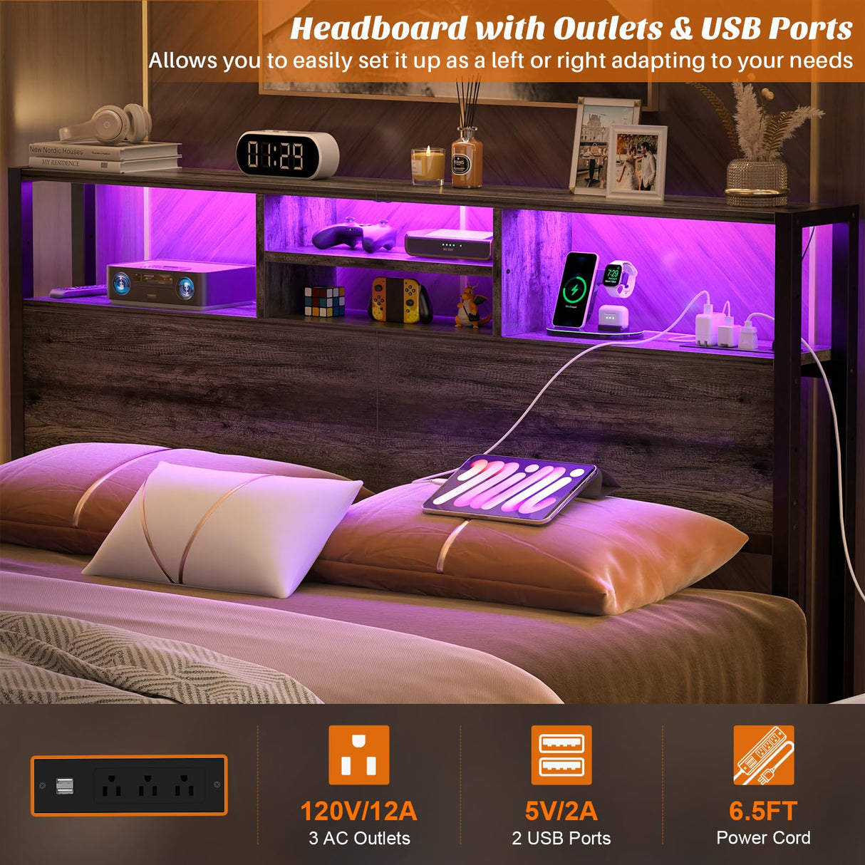 Aheaplus Queen Size Headboard with Storage, LED Lights & Charging Station - Black Oak Aheaplus