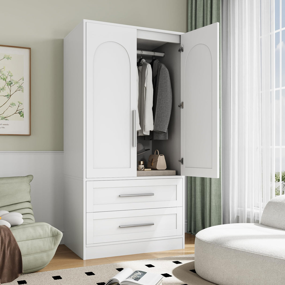 Einhomn Wooden Armoire Wardrobe Closet with 2 Doors and 2 Drawers,Bedroom Freestanding Armoire Storage Cabinet with Shelves,Tall Clothing Storage Cabinet for Bedroom,White Einhomn