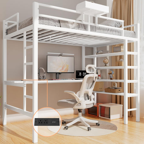 Finnhomy Loft Bed Twin Size with L Desk/ 4-Tier Storage Shelves, Heavy Duty Metal Bunk Loft Twin Bed Frames with 2 Entry Stairs/Power Outlet/Tray, Noise Free/Space-Saving/No Box Spring Need, White Finnhomy