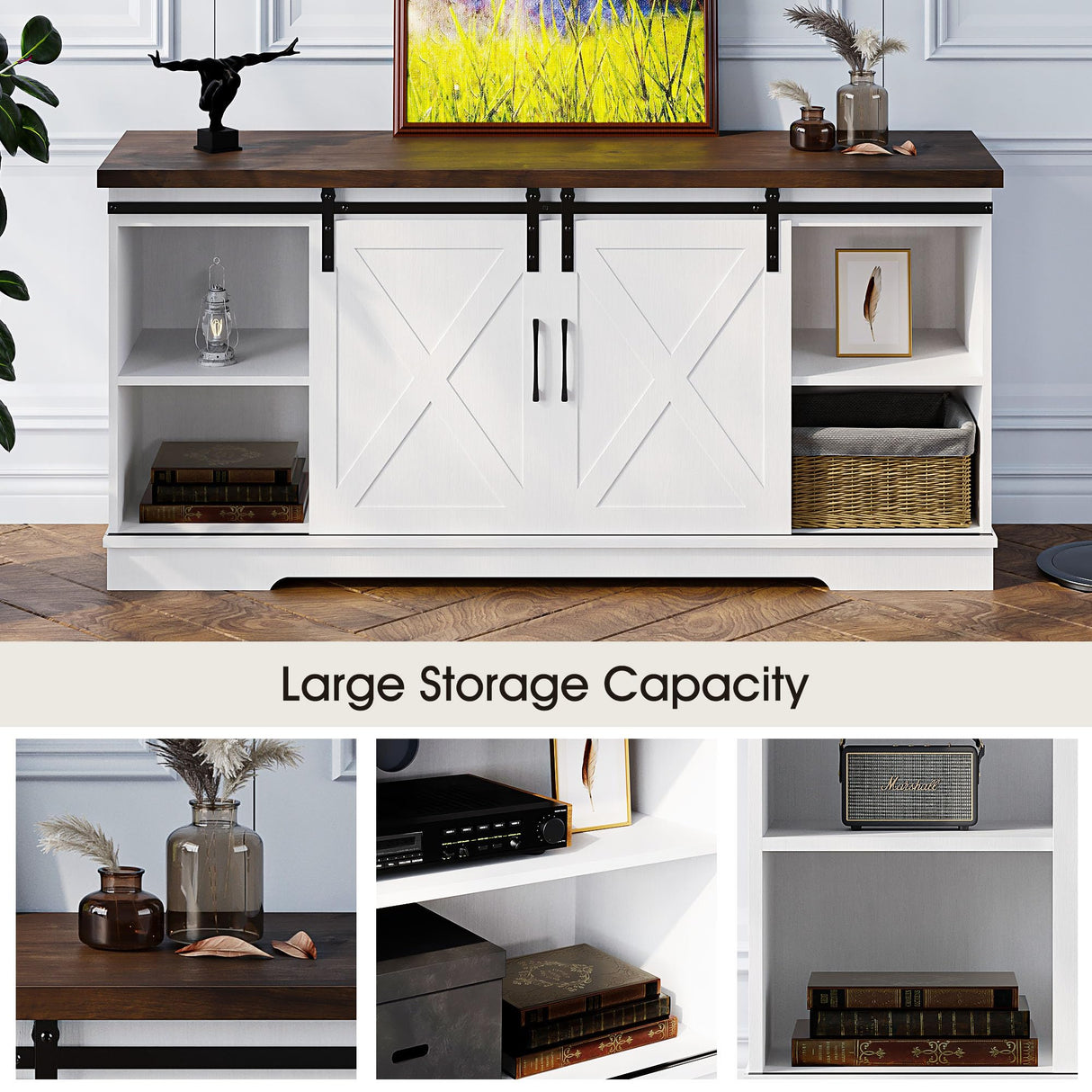 IDEALHOUSE Farmhouse Tv Stand for 65 Inch TVs, Entertainment Center with Sliding Barn Doors and Adjustable Shelf, Modern Storage Media TV Console TV Stand Table for Living Room, Bedroom, White IDEALHOUSE