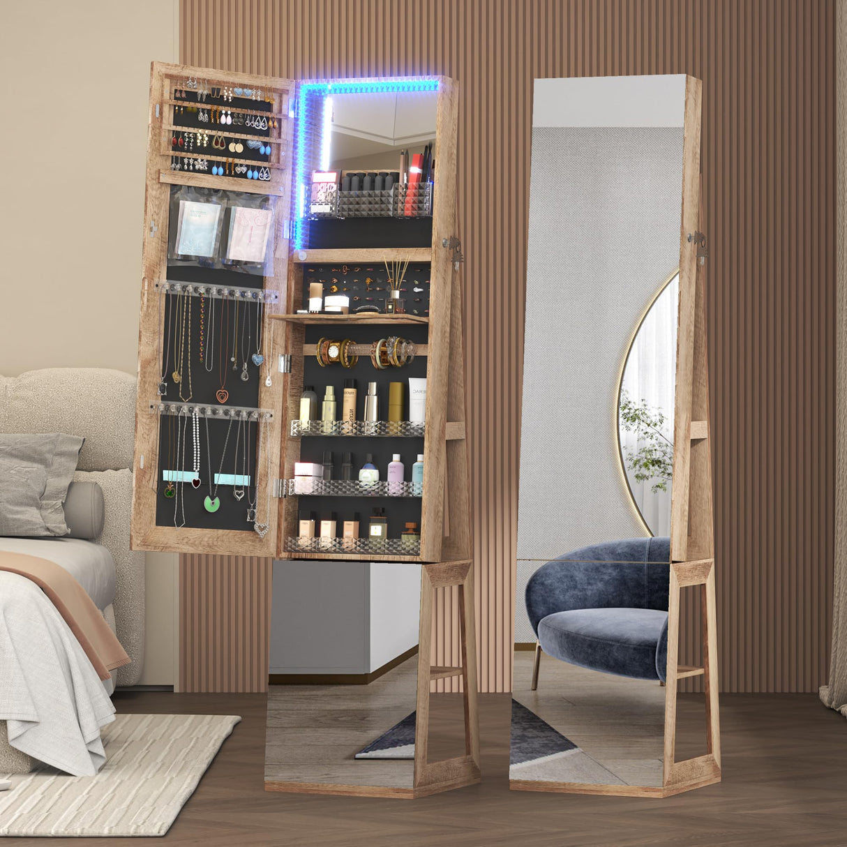 Vlsrka 360° Swivel Jewelry Cabinet with Lights, 63" H Large Capacity Jewelry Armoire with Full Length Mirror, Standing Jewelry Mirror with Storage for Jewelry, 4-in-1 design, Brown Vlsrka