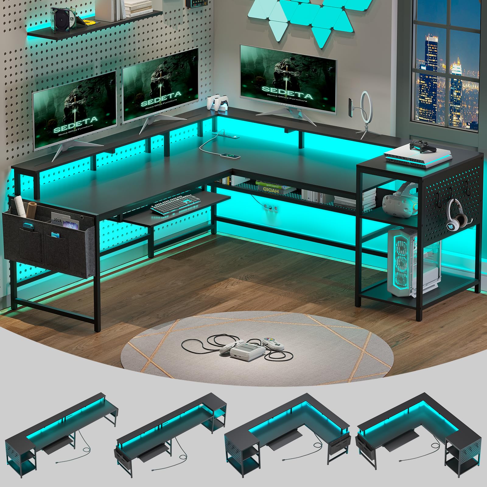 SEDETA L-Shaped Gaming Desk with Power Outlets, LED Lighting, and Ample Storage for Home Office - WoodArtSupply