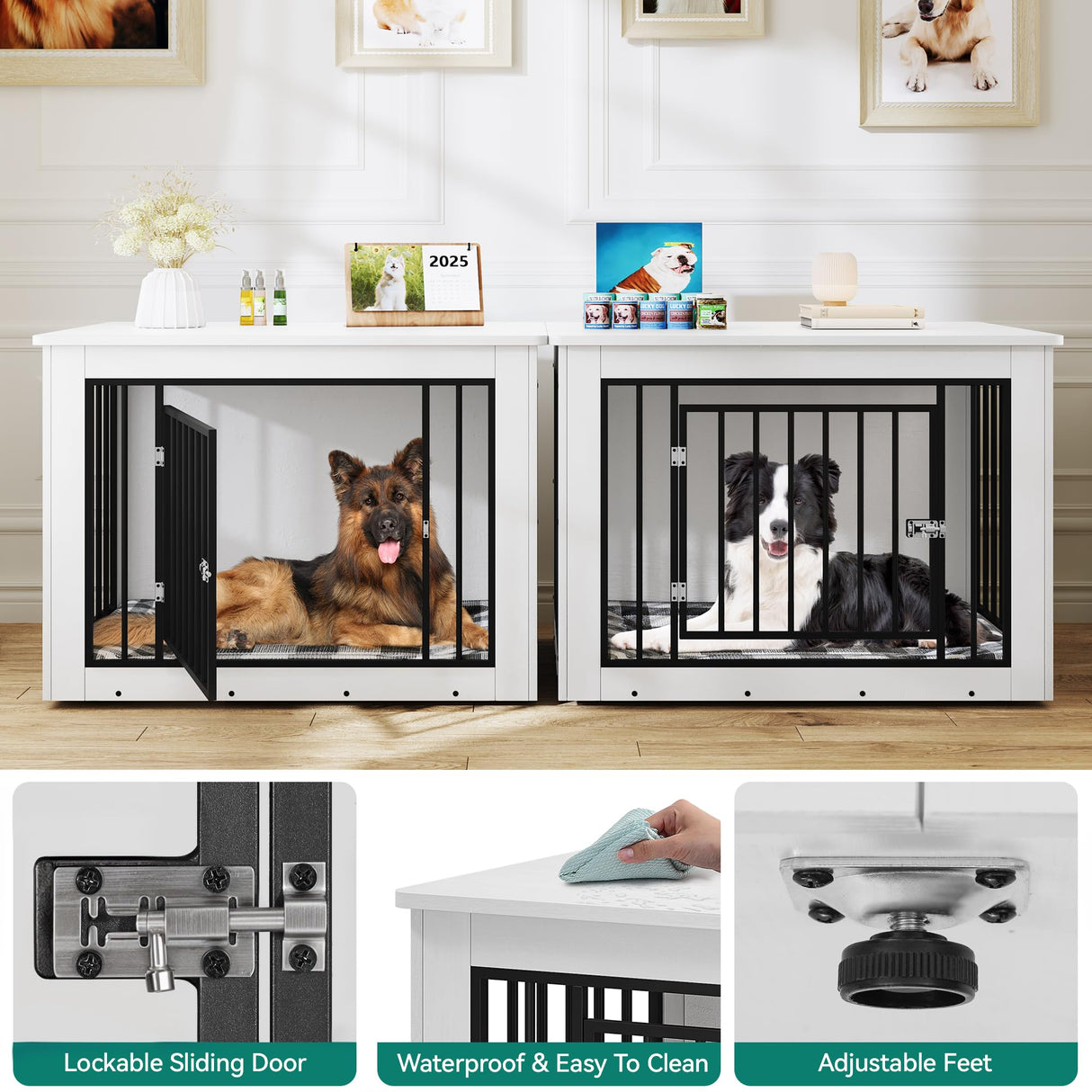 YITAHOME 76 Inch Double Dog Crate Furniture, XXL Dog Crate Furniture for 2 Dogs, Side End Table, Waterproof Top, Safety Corners, 2-in-1 Iron-Wood Fusion Dog Kennel Furniture for 2 Large Dogs,White YITAHOME