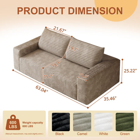 63" Corduroy Loveseat Sofa, 2-Seater Cloud Couch, Boneless Couch in a Box, Comfy Deep Seat Sofa with Memory Foam, Pillows and Wide Armrests, Modern Small Couches for Small Spaces, No Assembly (Camel) IZLKQC