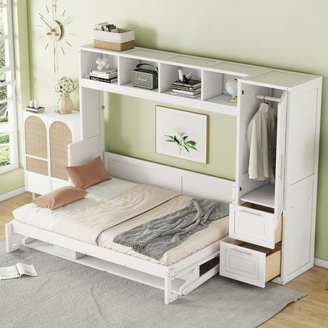 Virubi Full Horizontal Murphy Bed with Storage Wardrobe Closet,2 Drawer,4 Storage Shelves,Wood Folding Murphy Wall Bed Cabinet for Adult (White) Virubi
