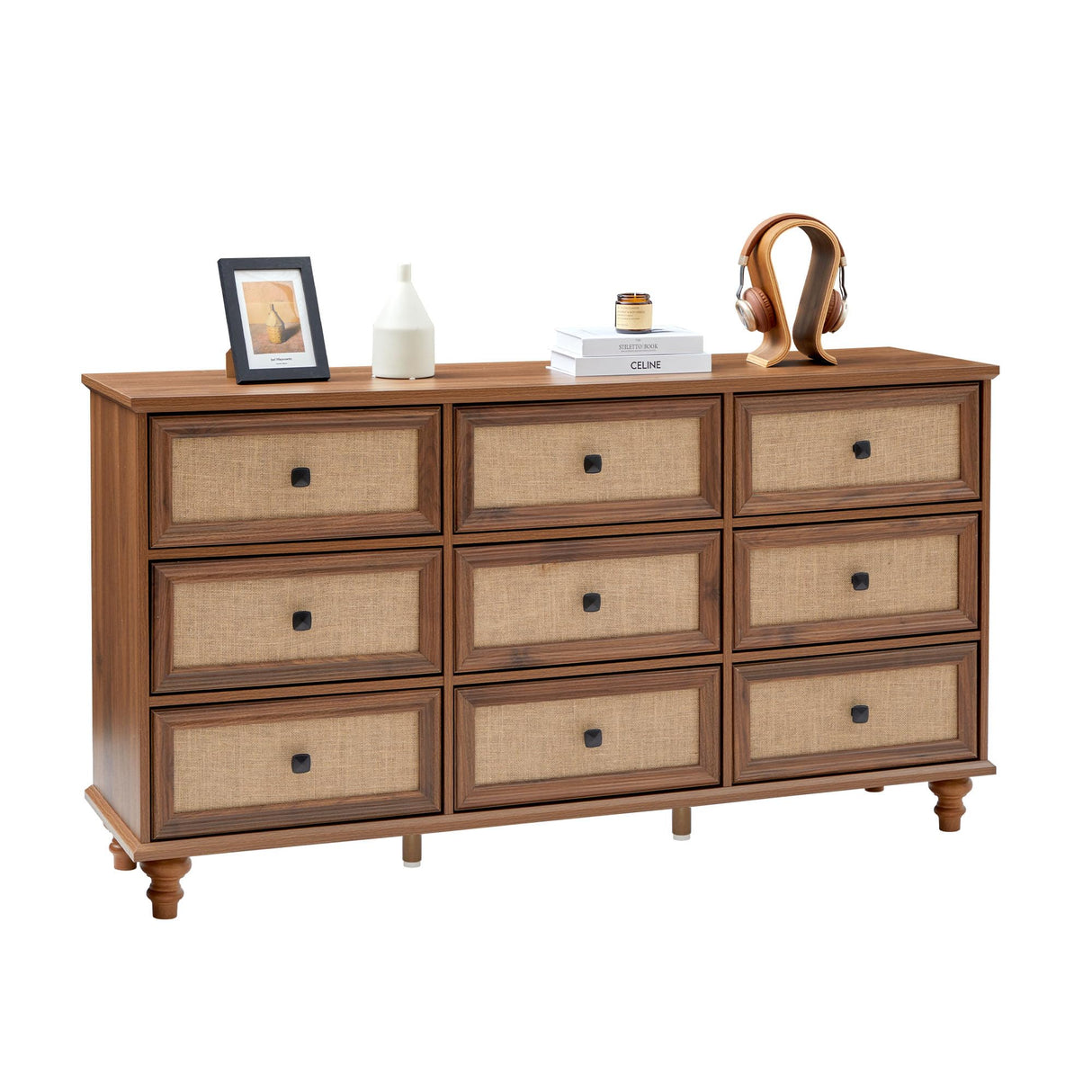 ORRD 9 Drawer Dresser for Bedroom, Mid Century Modern Wide Wood Rustic Chest of Drawers Wooden Storage Organizer Dressers with Burlap Rattan Drawers for Living Room, Hallway Closet, Entryway, Walnut ORRD
