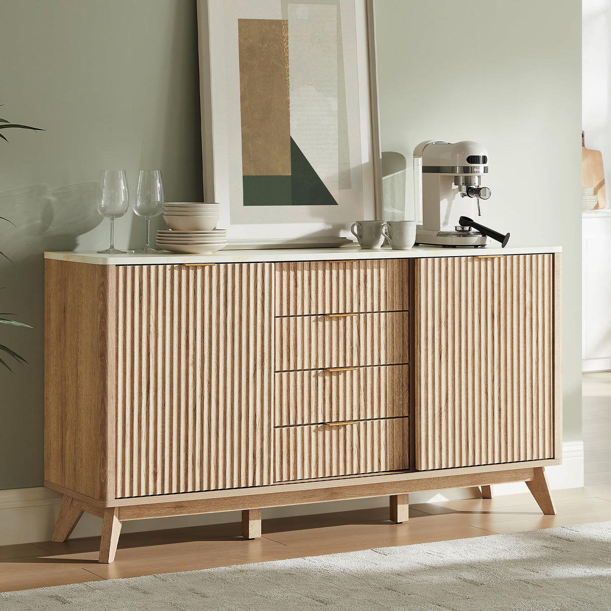 T4TREAM Fluted Buffet Cabinet, 60" Modern Sideboard with Sliding Doors & 4 Drawers, Coffee Bar Table with Storage, Faux Marble Top and Curved Profile Design for Dining Room, Living Room, Natural Oak T4TREAM