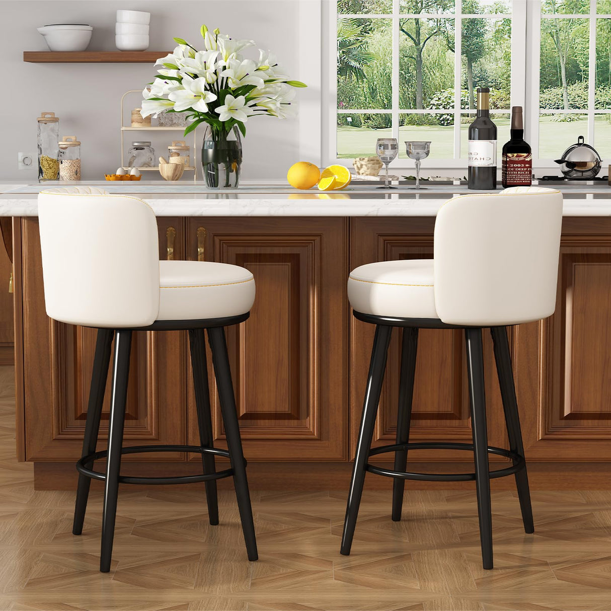 HONIFUR Bar Stools Set of 2, 27 Inch Barstools with Sturdy Legs, Leather Farmhouse Counter Height Bar Stool for Kitchen, Dining, Bar (Swivel, Beige, Leather) HONIFUR