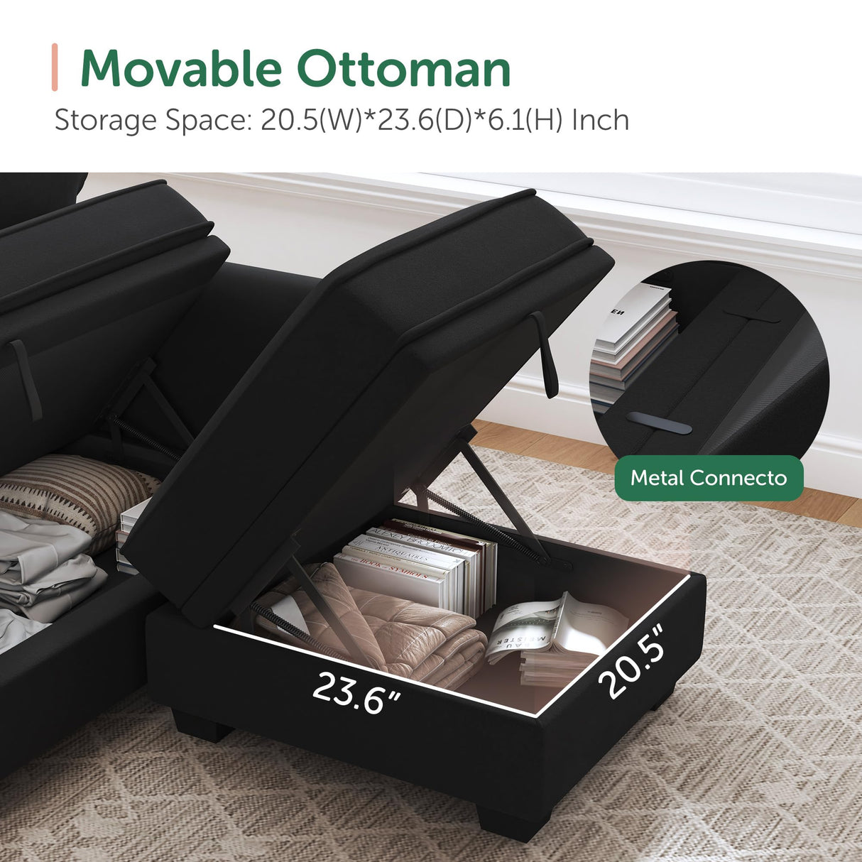 HONBAY Sectional Sofa with Storage Seat Velvet U Shaped Couch with Reversible Chaise Convertible Sectional Couches for Living Room,Black Velvet HONBAY