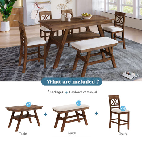 Kitchen Dining Table Set 6 Piece Wooden Counter Height Dining Table Set with Storage Shelf, Rectangular Dining Table with 4 Upholstered Chairs and 1 Bench, Rustic Style, Walnut with Beige Cushion Merax