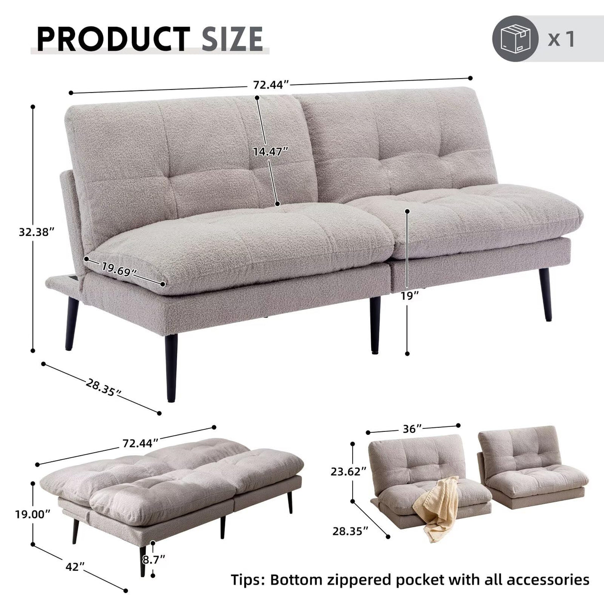 Siiejia Futon Sofa Bed, Convertible Sleeper Futon Couch Bed Adjustable Backrest Couch Splitback Modern Loveseat Small Sofa for Living Room, Apartment, Office, Bedroom, Grey Siiejia