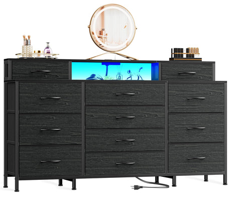 Furnulem 63" W Dresser for Bedroom with LED Lights and Power Outlets,Black Large 12 Storage Drawers Long Fabric Chests Dressers with 2 Shelves for Closet,Living Room,Entryway,Wooden Top,Metal Frame Furnulem