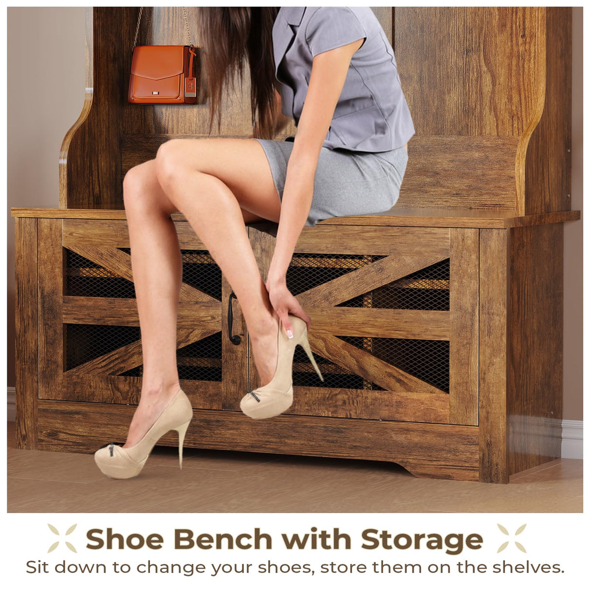 Itaar Hall Tree with Bench and Shoe Storage, 5-in-1 Entryway Bench with Coat Rack, 10 Shoe Cubbies & 9 Coat Hooks, Barn Door & Adjustable Shelf (Rustic Brown) Itaar