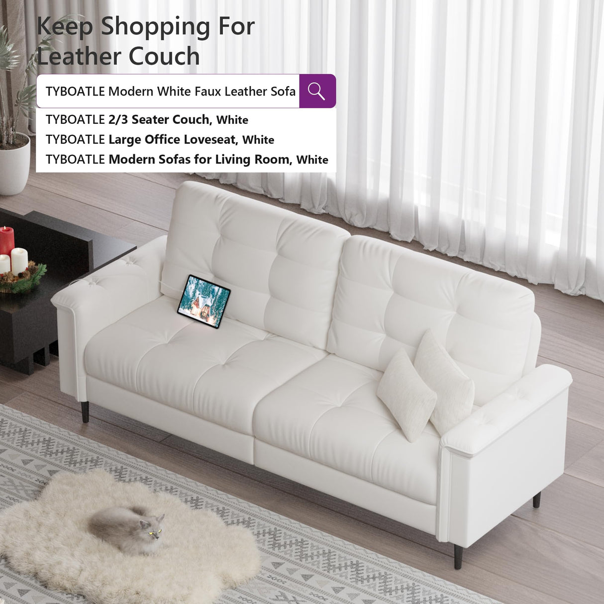 TYBOATLE 85" W White Faux Leather Sofa Couches for Living Room, Mid-Century Modern Tufted Comfy Small Loveseat w/USB and Wide Arms, 2/3 Seater Office Couch for Small Space Apartment Bedroom Furniture TYBOATLE