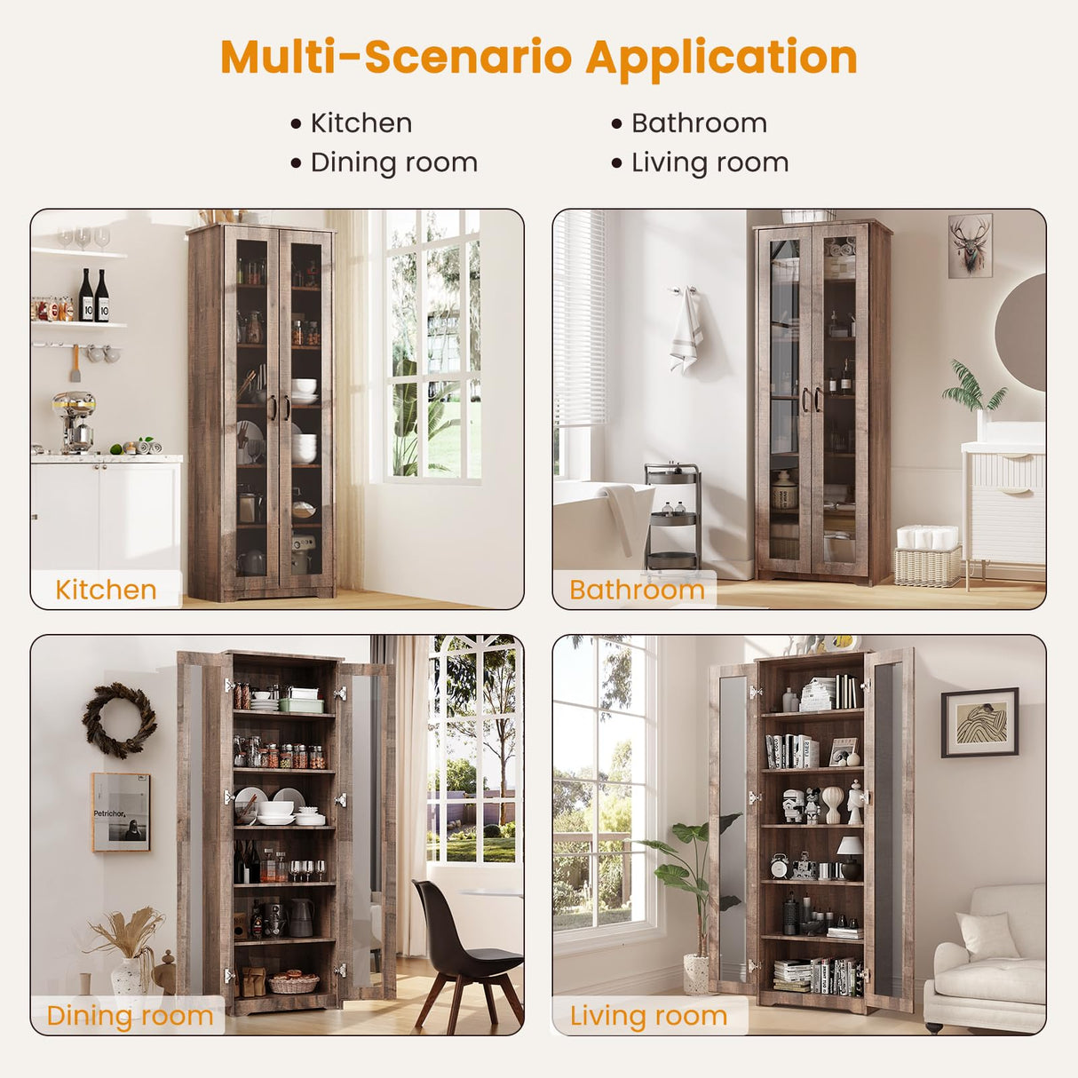 Teekyooly 70" Tall Display Cabinet Storage, Pantry Cabinet with 2 Doors and 6 Adjustable Shelves, Standing Utility Cabinet for Dining Room, Food Storage and Kitchen, Clear and Brown Teekyooly