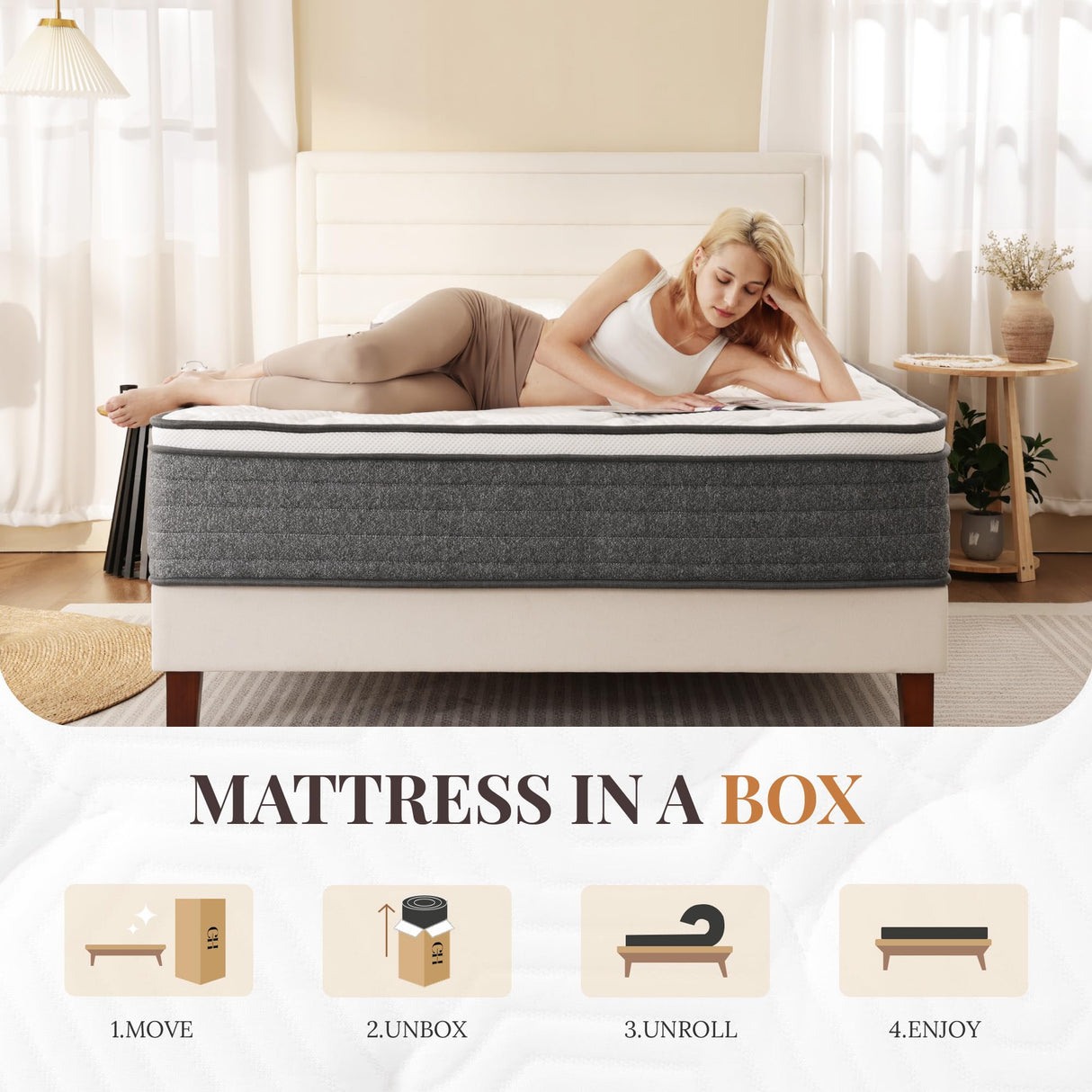 CH CHARME HOUSE Queen Mattress 10 Inch Hybrid Mattresses in a Box, Medium Feel Foam and Individual Pocket Springs, Fiberglass Free Mattress, Extra Edge Support, Pressure Relief, CertiPUR-US CH CHARME HOUSE
