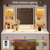 Einhomn Makeup Vanity Desk with Mirror & LED Lights, Large Glass Top Vanity Table with 7 Drawers & 3 Cabinets, Modern Dressing Table with Charging Station & RGB Lights for Bedroom, White Einhomn