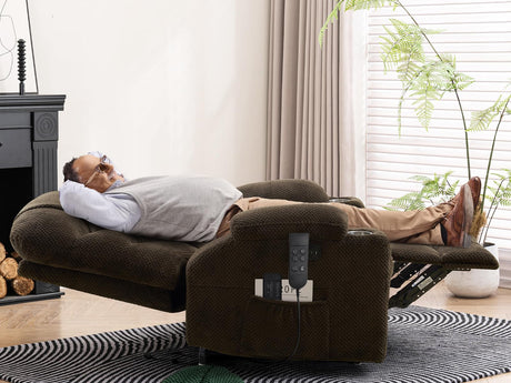 ABCASA Oversized Dual Motor Lay Flat Power Lift Recliner Chair with Massage, Heating, Lumbar Pillow, USB & Type-C Ports, Textile Lift Chairs Recliners, Large Recliner for Big & Elderly People - Brown ABCASA
