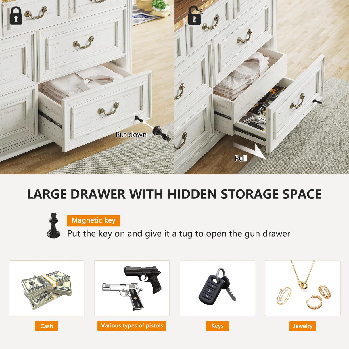 FREDEES Farmhouse 7 Drawers Dresser for Bedroom, Wood Chest With Hidden Storage, Tall With LED Lights, Organizer for Living Room, Closet, Hallway, Rustic Brown FREDEES