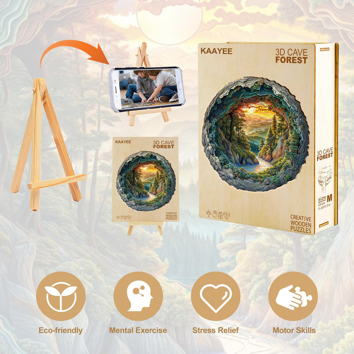 KAAYEE Wooden Puzzles for Adults, 3D Vision Effect Cave Forest Wooden Jigsaw Puzzle Unique Shape Wood Puzzle Adult, 3D Effect Flat Puzzle Birthday Family Game (S-8.5 * 8.4in-100pcs) KAAYEE