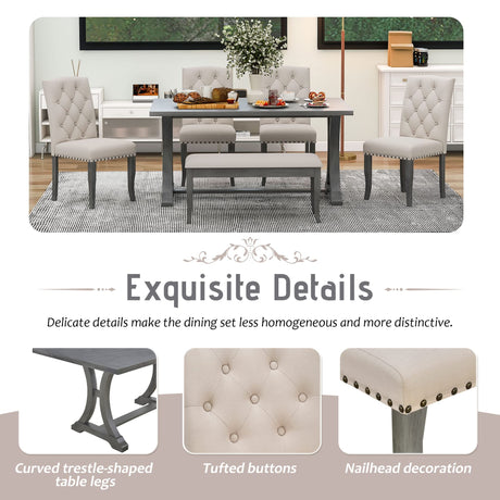 Farmhouse Dining Table Set for 6, Kitchen Table Set with Chairs and Bench, 6 Piece Solid Wood Dining Room Set with Trestle Table Legs for Kitchen, Dining Room (Antique Grey) Mirightone