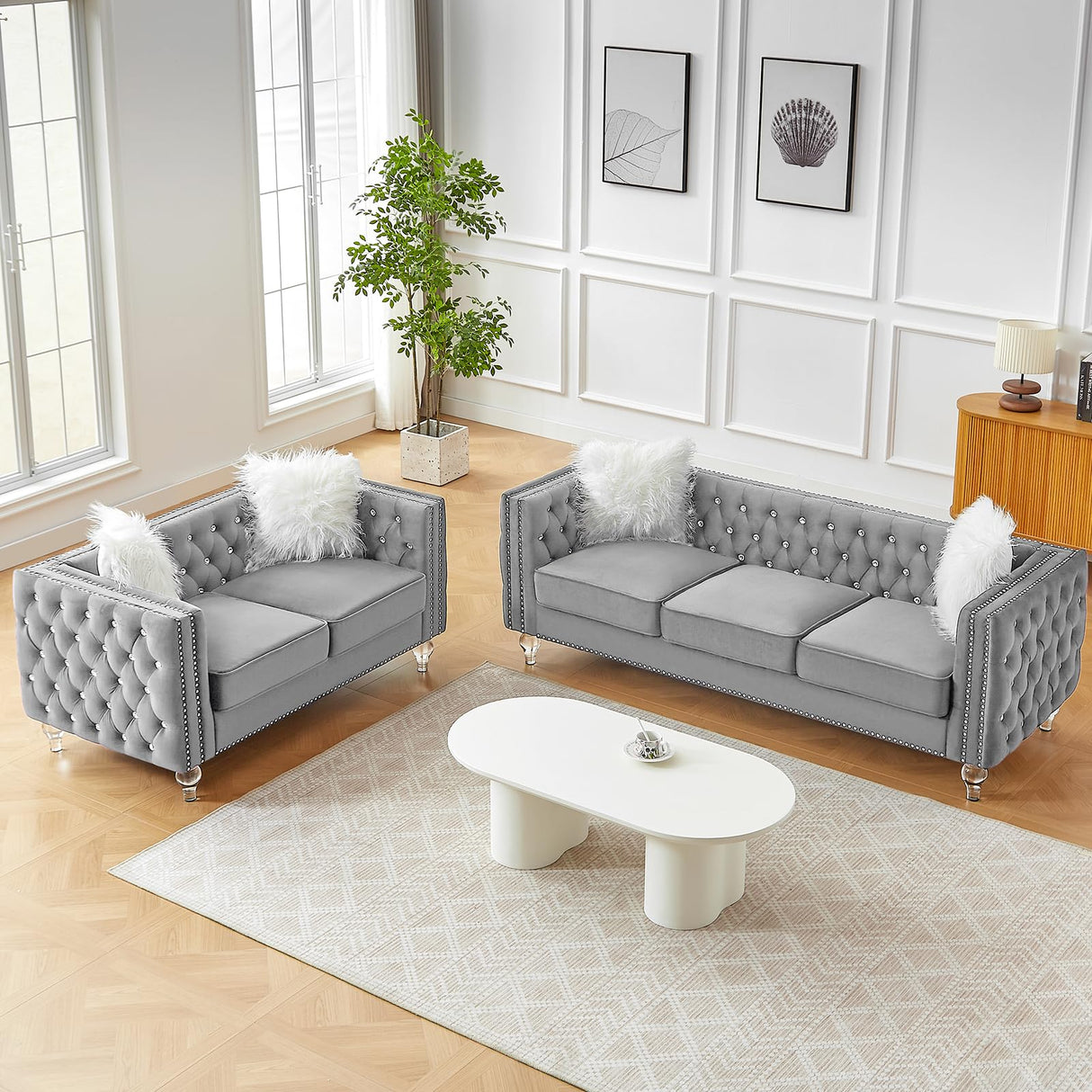 Homies Life 83" Chesterfield Sofa, Velvet Mid-Century Modern Upholstered Couch with 2 Throw Pillows and Acrylic Legs, Nailhead Button Tufted Vintage Sofa for Living Room, Apartment, Office, Grey Homies Life