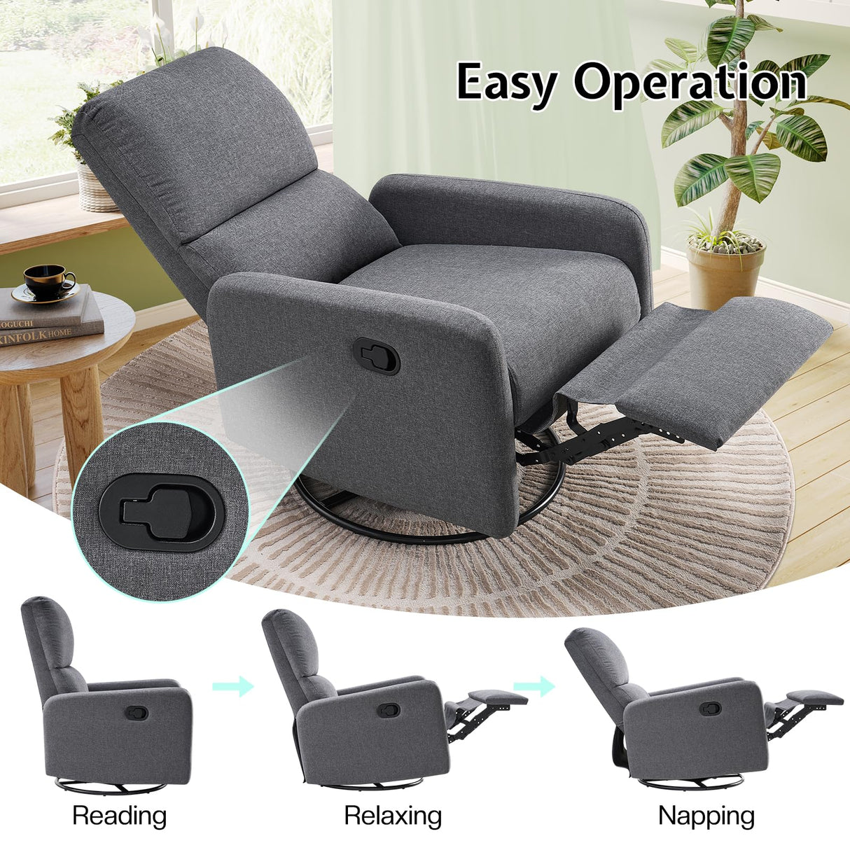 Jocisland Swivel Rocker Recliner Chair for Adults, Nursery Rocking Reclining with High Back, Small Glider for Small Spaces/Living Room/Bedroom/Nursing, Gray Linen Jocisland
