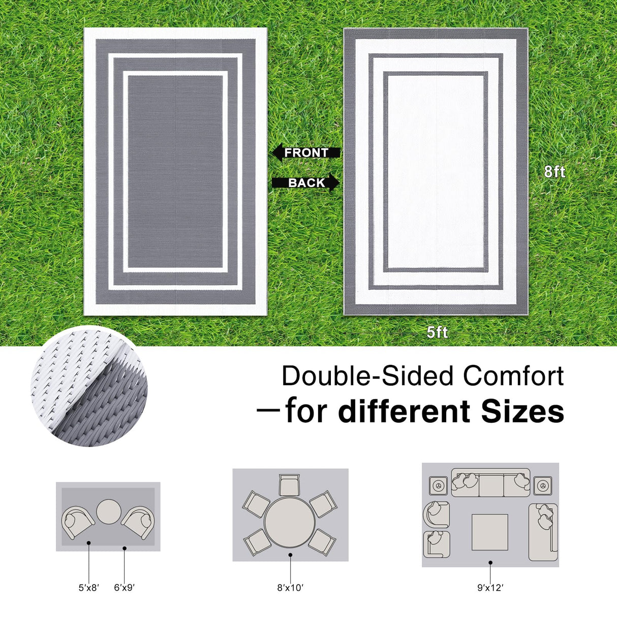 OLANLY Outdoor Rug 5x8 ft Waterproof, Reversible Outdoor Plastic Straw Rug, RV Mat, Indoor Outdoor Carpet Clearance for Patio, Camping, Balcony, Deck, Backyard, Grey & White OLANLY