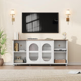 IDEALHOUSE 70 Inch TV Stand, Rustic Entertainment Center with Corrugated Glass Cabinet Doors, Media Console with Open Shelves, TV Stands for Living Room - White & Dark Brown IDEALHOUSE