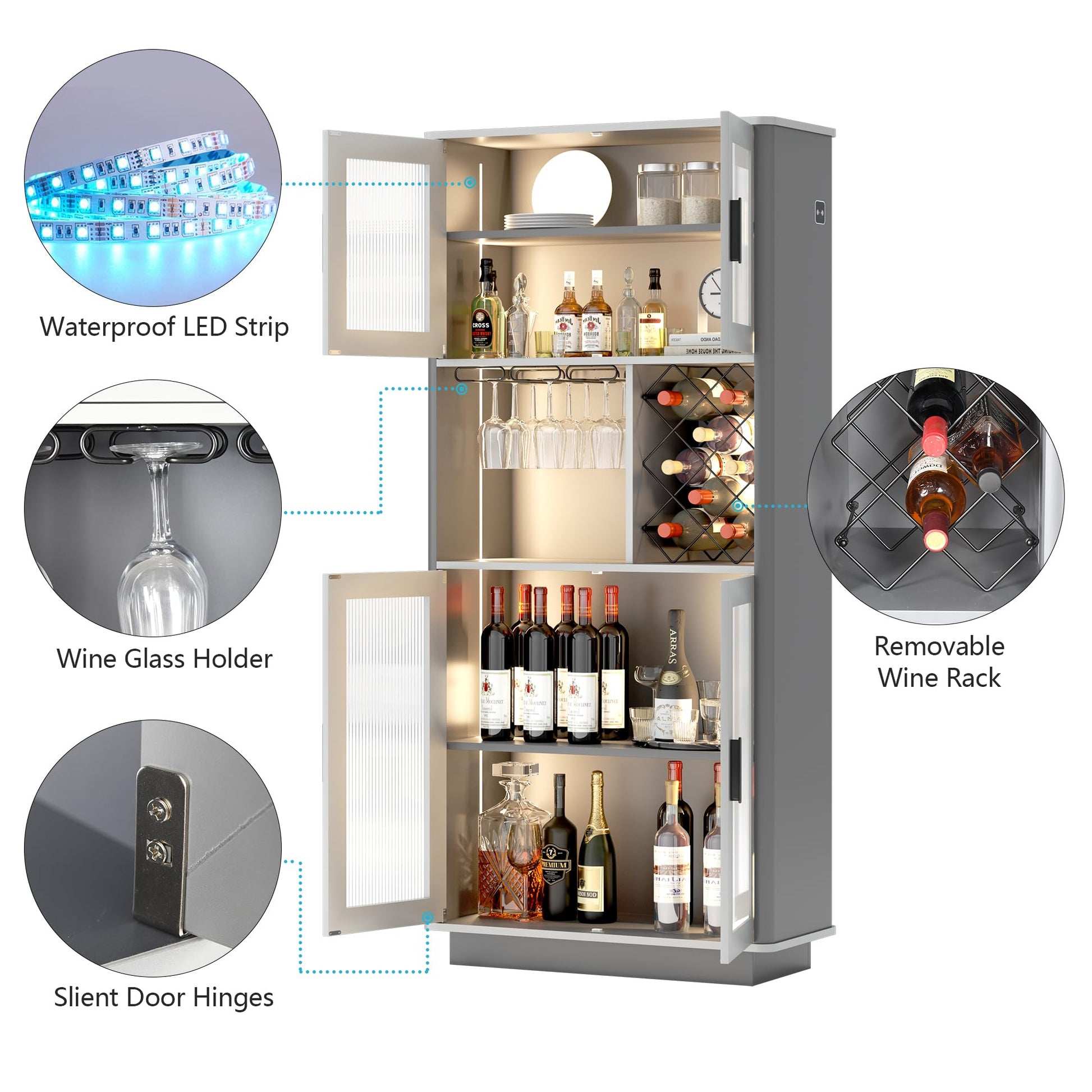 LVSOMT LED Wine Bar Cabinets with Removable Wine Rack, Bar Cabinets for Liquor with Light Motion Sensor, Kitchen Cabinet Storage for Dinning Room, Living Room (Dark Grey + Light Grey) - WoodArtSupply