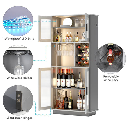 LVSOMT LED Wine Bar Cabinets with Removable Wine Rack, Bar Cabinets for Liquor with Light Motion Sensor, Kitchen Cabinet Storage for Dinning Room, Living Room (Dark Grey + Light Grey) - WoodArtSupply