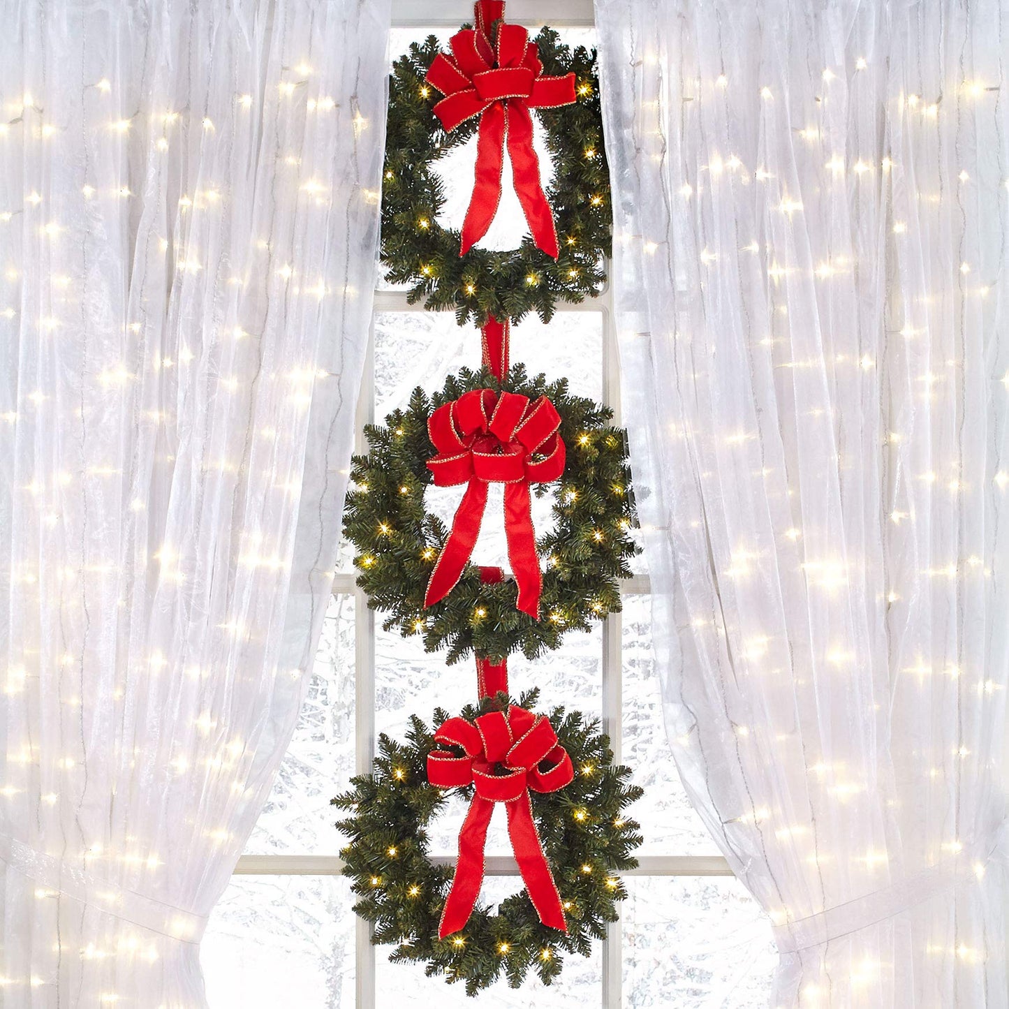 BrylaneHome Set of 3 Cordless Pre-Lit Mini Christmas Wreaths - Red