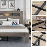 Queen Size Wooden Bed Frame with Bookcace Storage Headboard, Rustic Farmhouse Bedframe with LED Lights and Charging Station, Sturdy and Stable, Slat Support, No Box Spring Required (Light Brown) PAUKIN