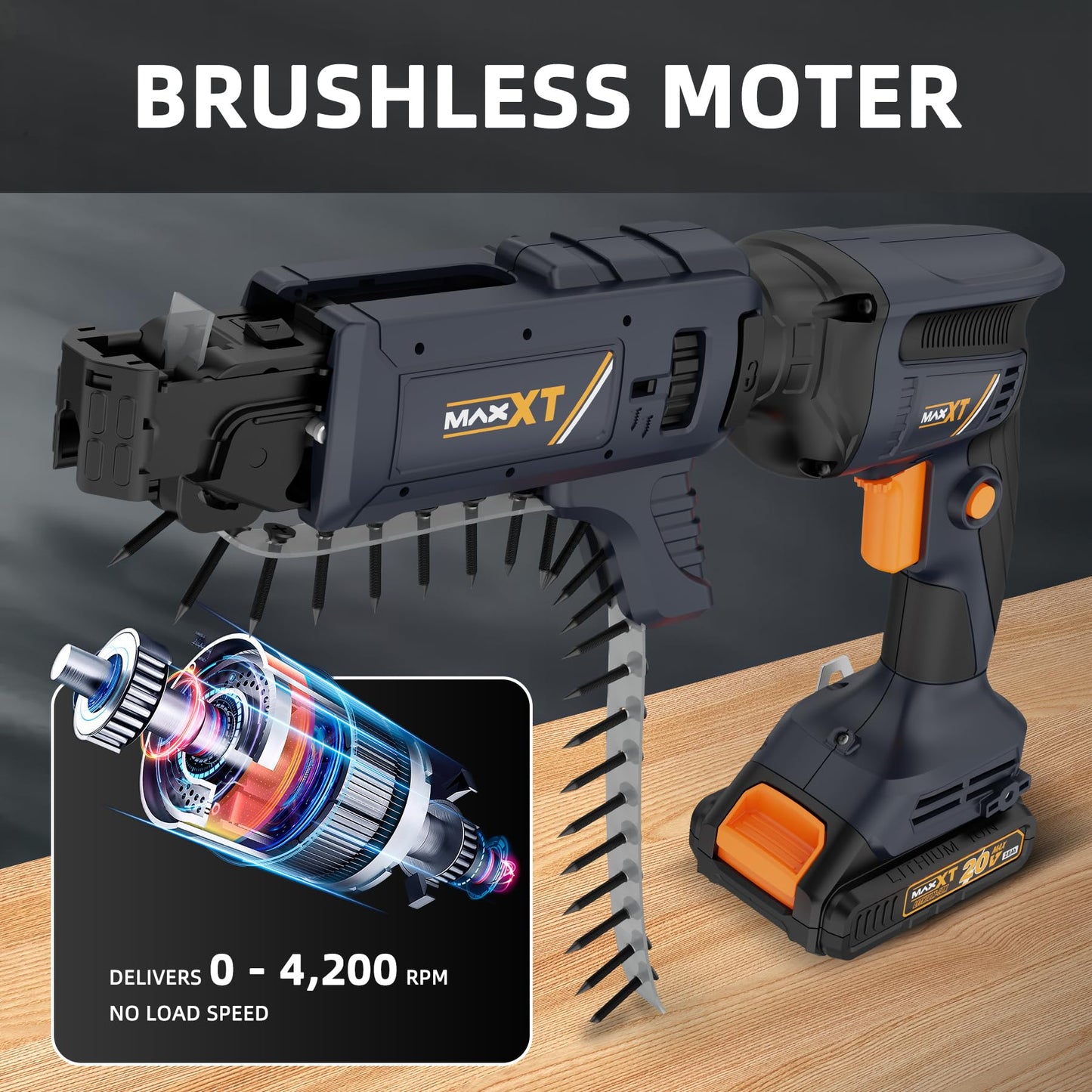 20V Drywall Screw Gun Brushless, MAXXT Cordless Lithium-Ion Brushless Self Feeding Drywall Screwdriver Autofeed 5000RPM with Collated Drywall Attachment（Included 2.0Ah Battery and Charger）